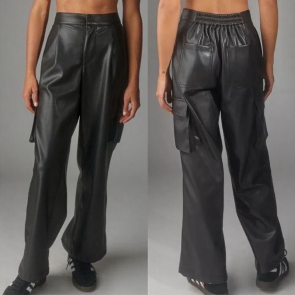 Urban Outfitters Black Faux Leather Wide Leg Cargo Pants